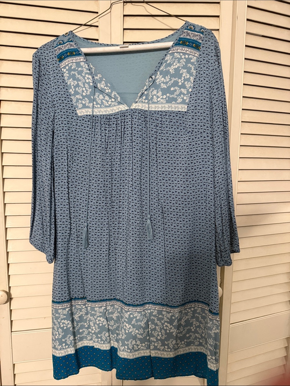 Old Navy Light Blue Printed Boho Tunic with Tassel Ties